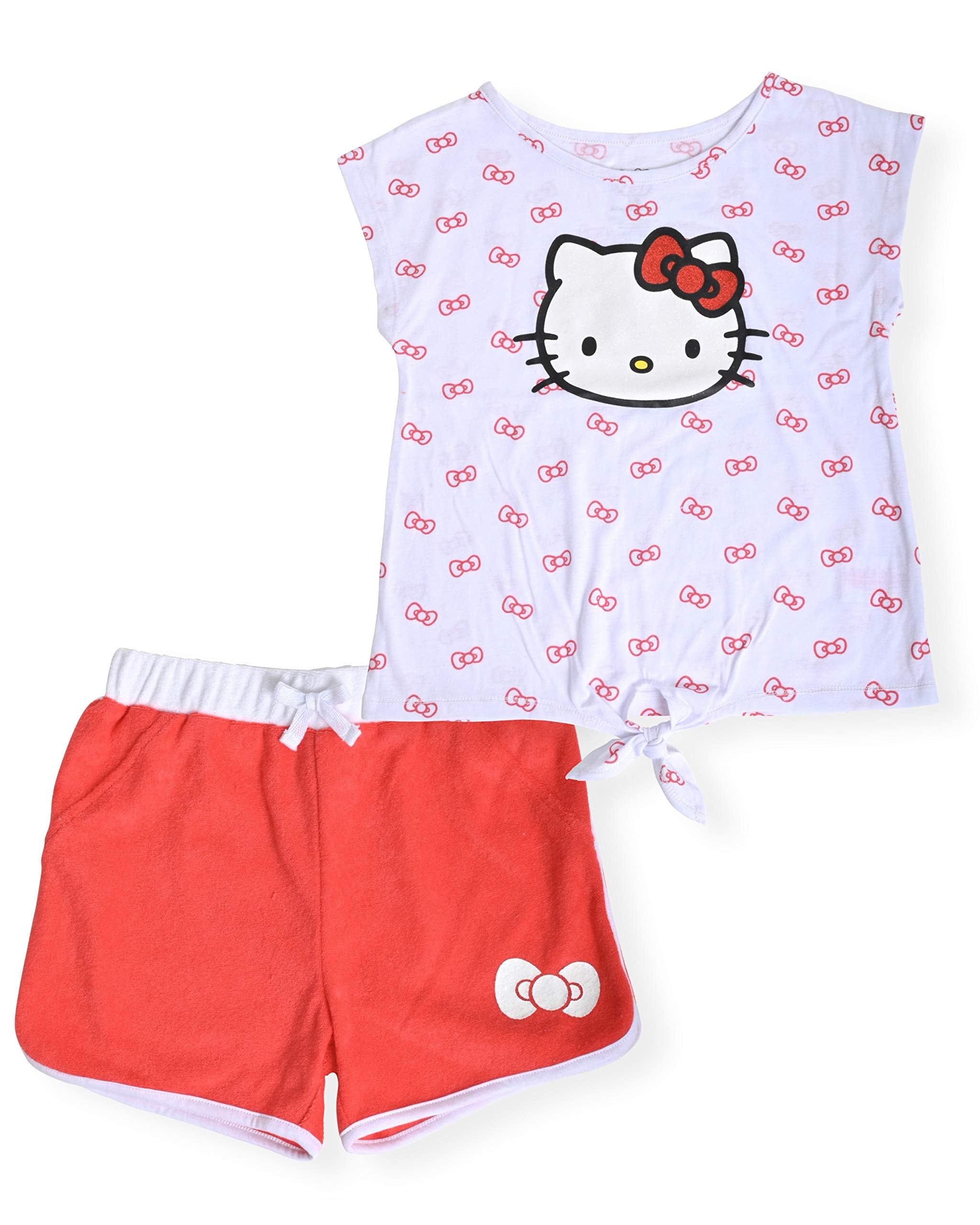 Hello Kitty Girls 2-Piece Fashion Tee Shirt and Active Short Set with Tie Front Top and Fashion Dolphin Shorts Summer Clothes for Little Girls (Coral, 8/10)