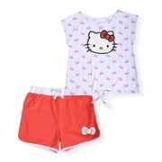 Hello Kitty Girls 2-Piece Fashion Tee Shirt and Active Short Set with Tie Front Top and Fashion Dolphin Shorts Summer Clothes for Little Girls (Coral, 8/10)
