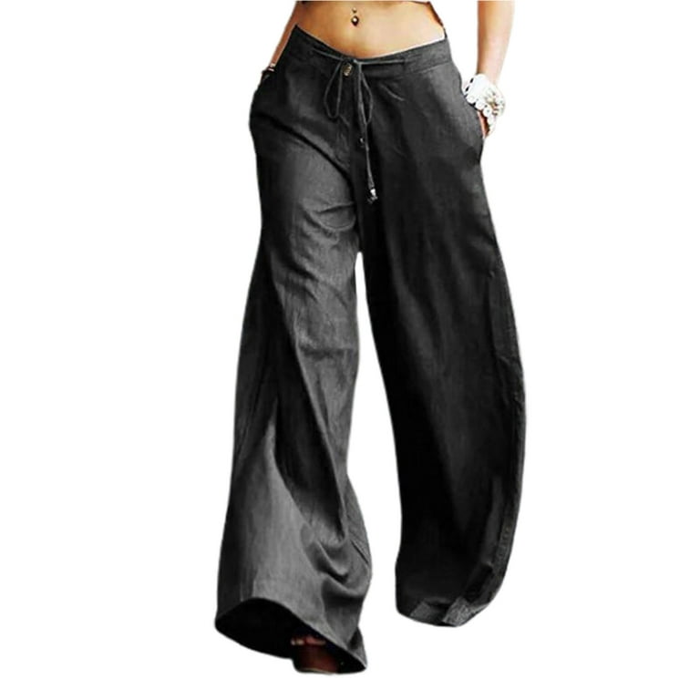 Wide Leg Linen Pants for Women Summer High Waist Drawstring Straight Pants  Baggy Comfy Cotton Palazzo Trousers A-Black - Yahoo Shopping