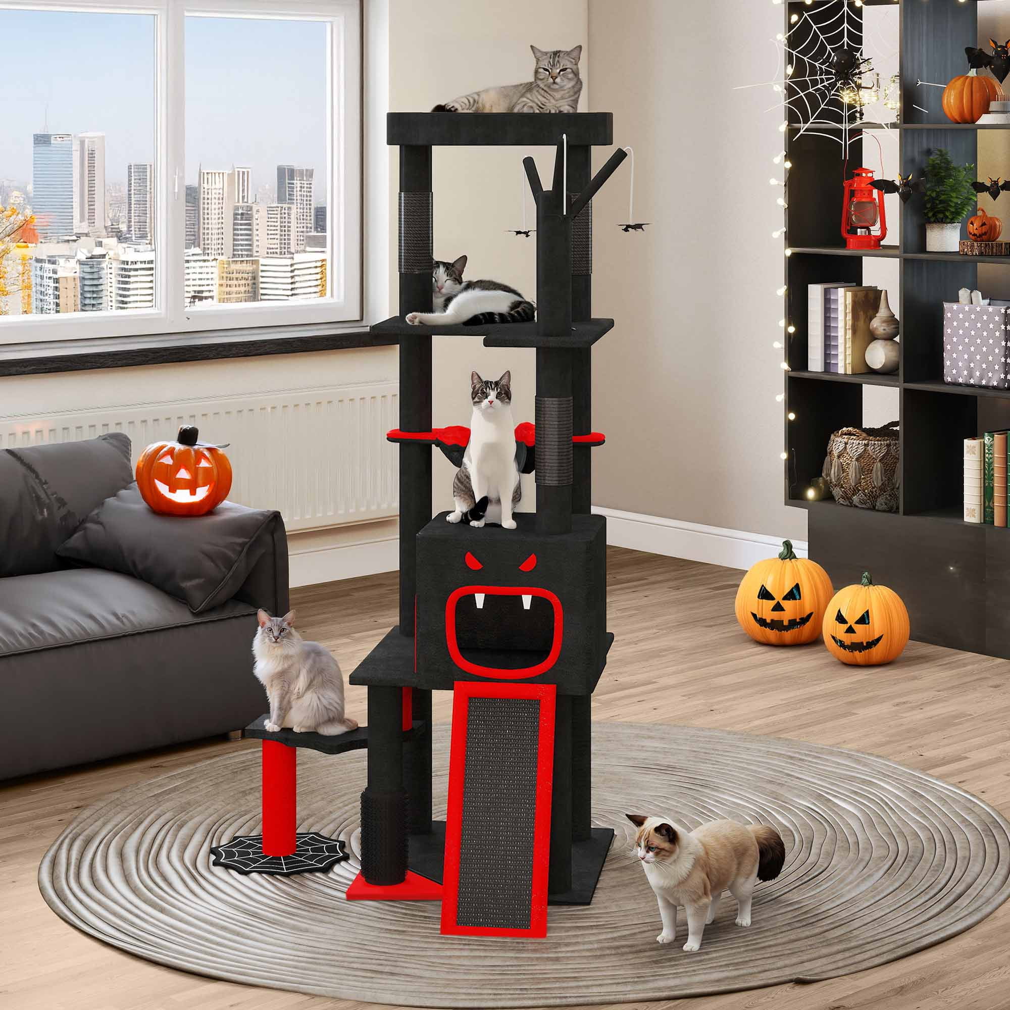 Dextrus 60" Gothic Cat Tree with Coffin Bed, Tall Halloween Cat Tower with Ladder & Sisal Scratching Posts, for Indoor Cats ,Black