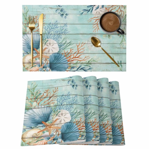 Teal Beach Coastal Placemats Set of 4,Cotton Linen Fabric Place Mats,Summer Nautical Coral Shell Botanical Vintage Decorative Table Mats Protector for Home Kitchen Dining Wedding Party Coffee Tables