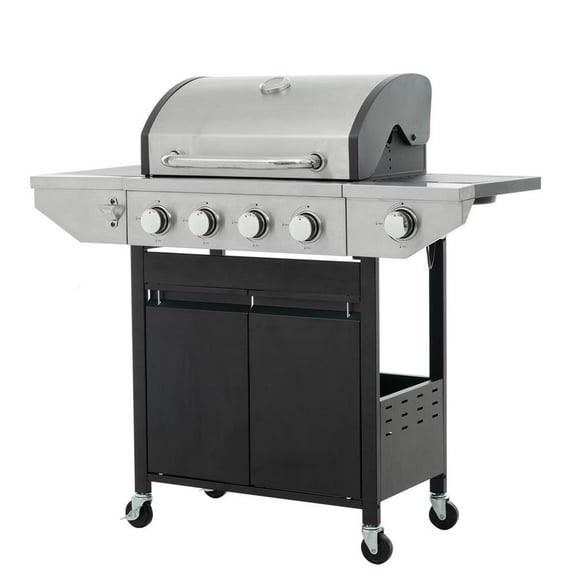 Topcobe 4-Burner Propane Gas Grill, Stainless Steel Outdoor BBQ with Side Burner, 46,500 BTU High-Efficiency Cooking, Patio Garden Grill in Black & Silver