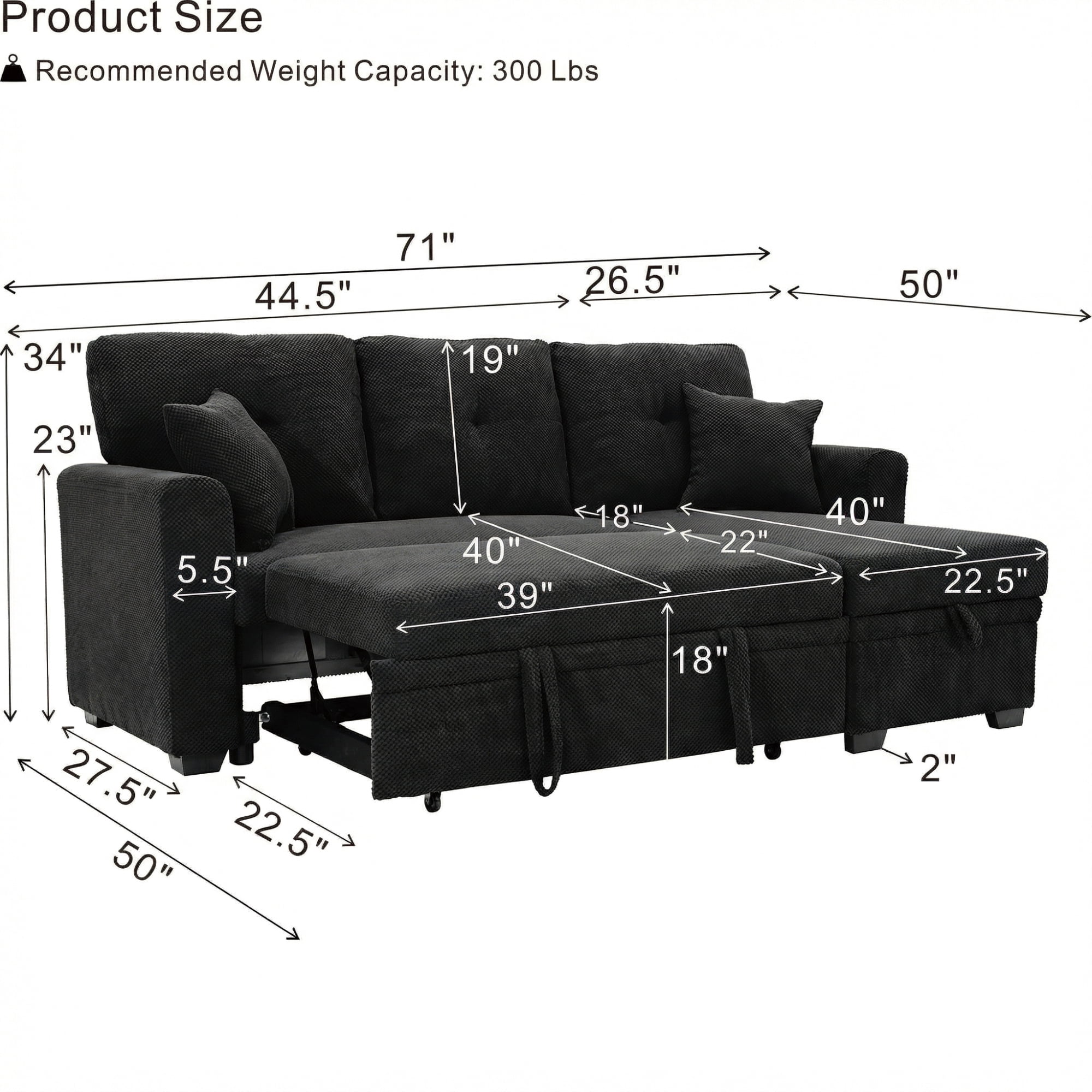 Leumius L Shaped Sectional Sofa with Pull Out Bed and Storage Chaise, 3 Seater Sectional Couch Convertible Sofa Bed for Small Space, Apartment & Guest Room, Black01