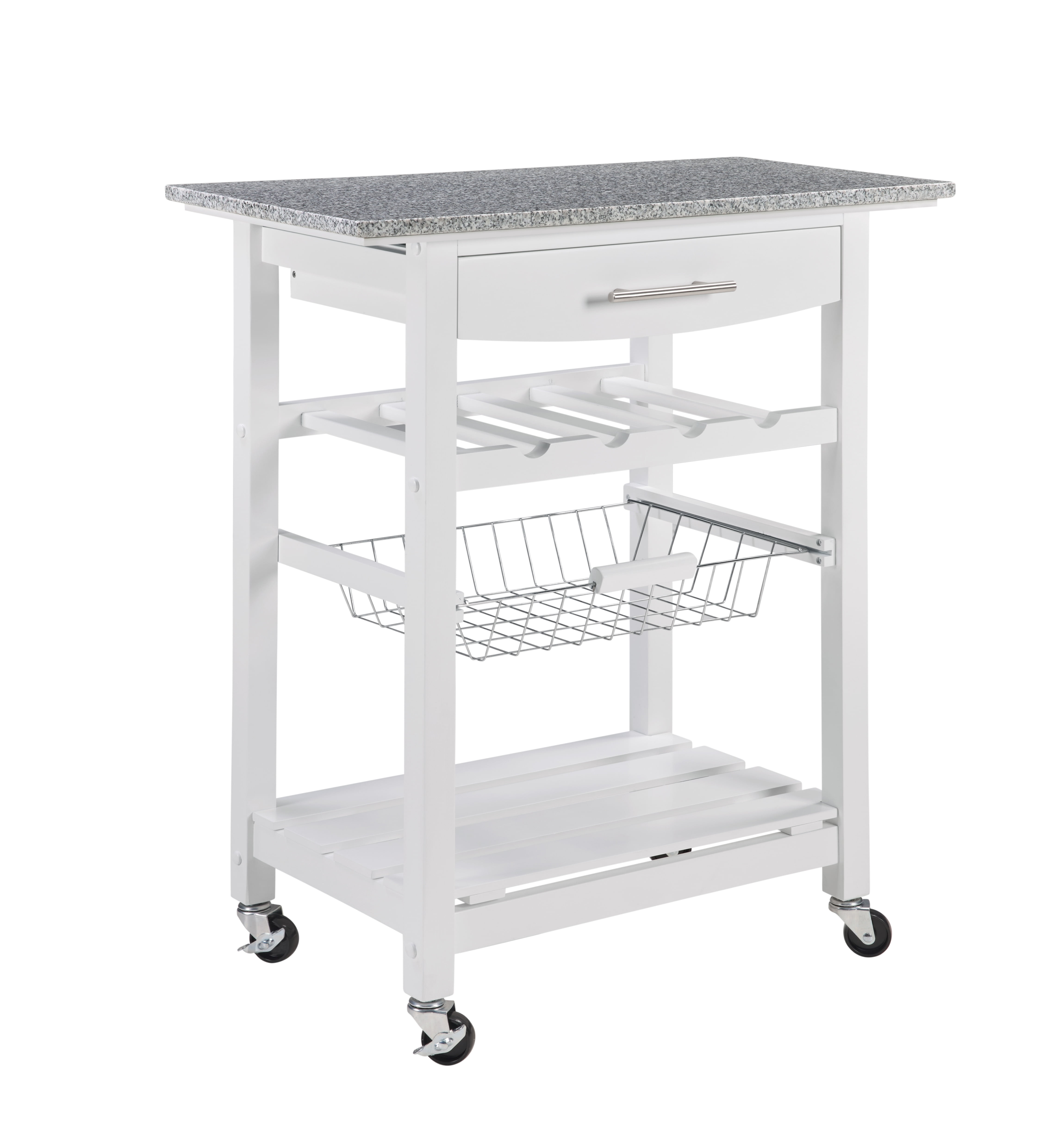 MAYEERTY Mobile Rolling Kitchen Island Trolley with Marble Top, Drawer & Storage Basket ,White
