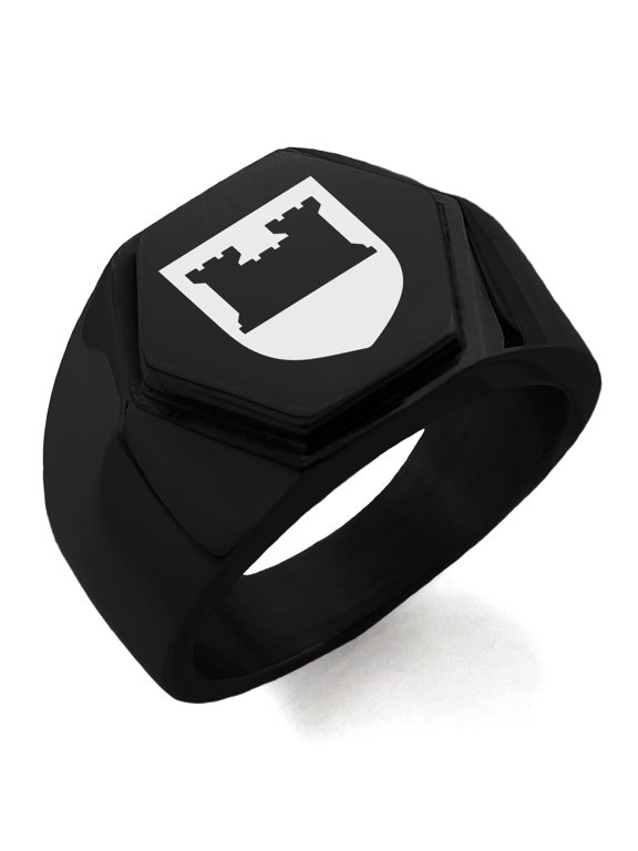 Stainless Steel Castle Protection Coat of Arms Shield Engraved Hexagon Crest Flat Top Biker Style Polished Ring