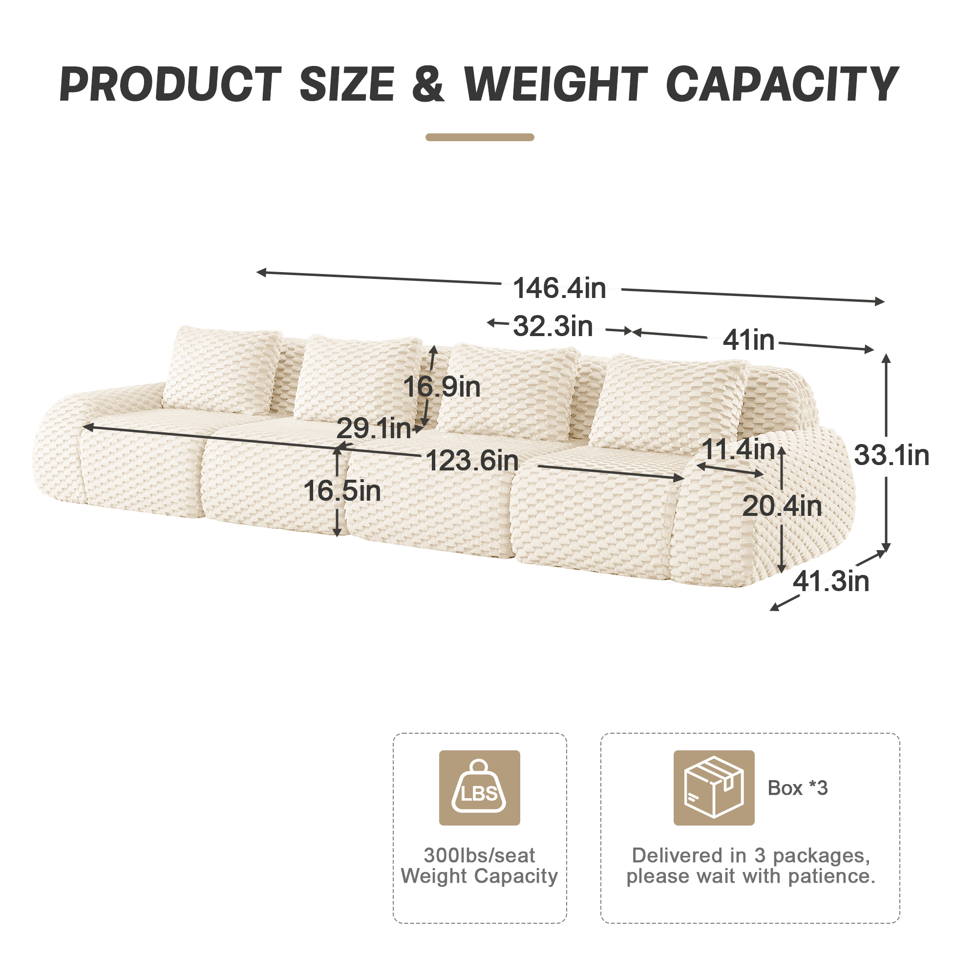 Alvantor 146" Cloud Modular Sectional Sofa Deep Seat Flannelette Boneless Couch for Living Room Bedroom Cream