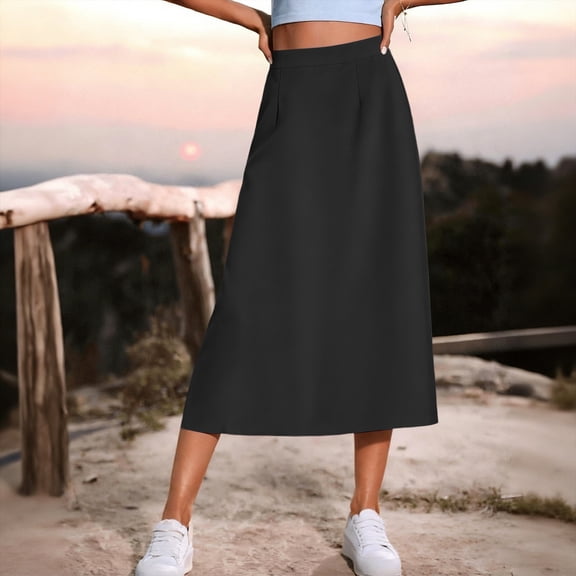 qelini A Line Skirt Women High Waist Long Skirt Side Slit Elastic Waist A-line Skirt Solid Color Skirt