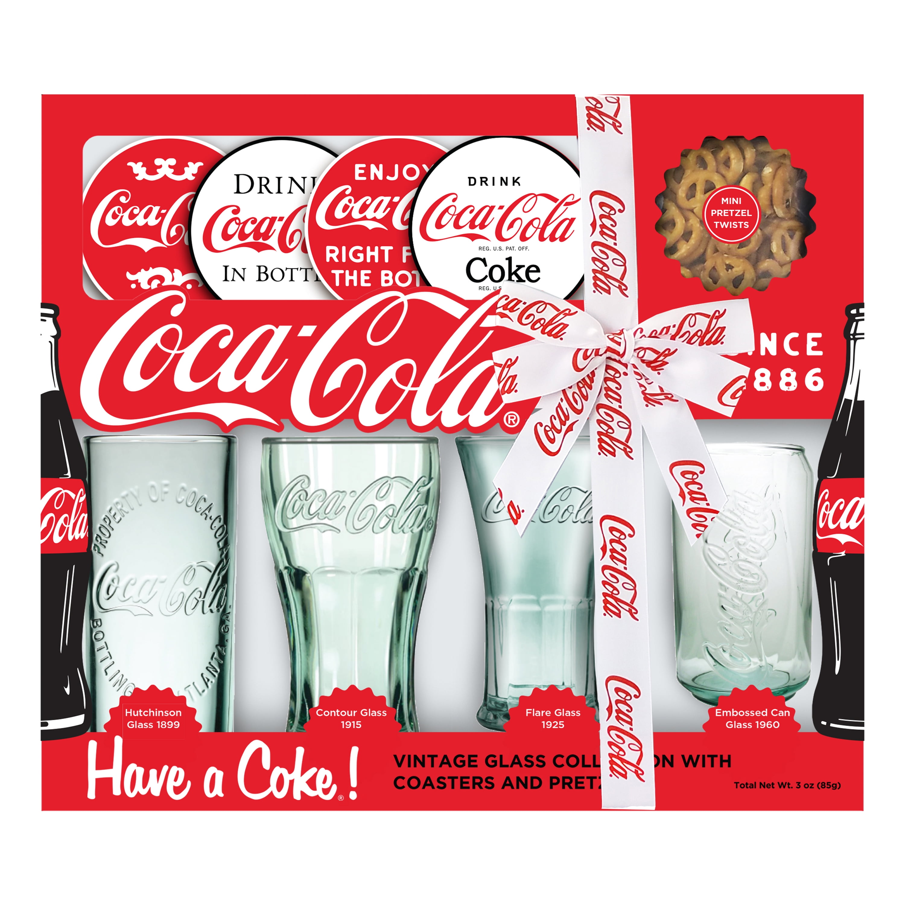 Marketplace LLC Coca Cola Glass Collectors Set with Vintage Glasses, Coasters, and Pretzels, 3 oz