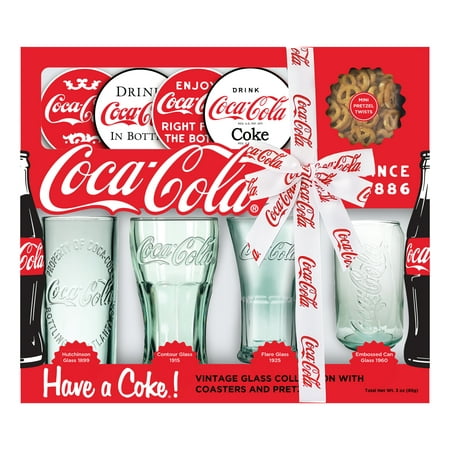 Coca Cola Glass Collectors Set with Vintage Glasses, Coasters, and Pretzels, 3 oz