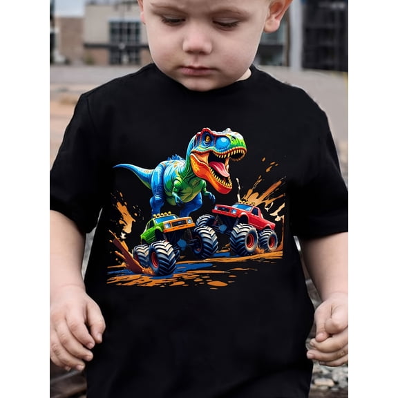 Dinosaur And Monster Trucks Graphic T Shirt For Boys Funny Cool Birthday Gift Unisex Short Sleeve Cotton Tee