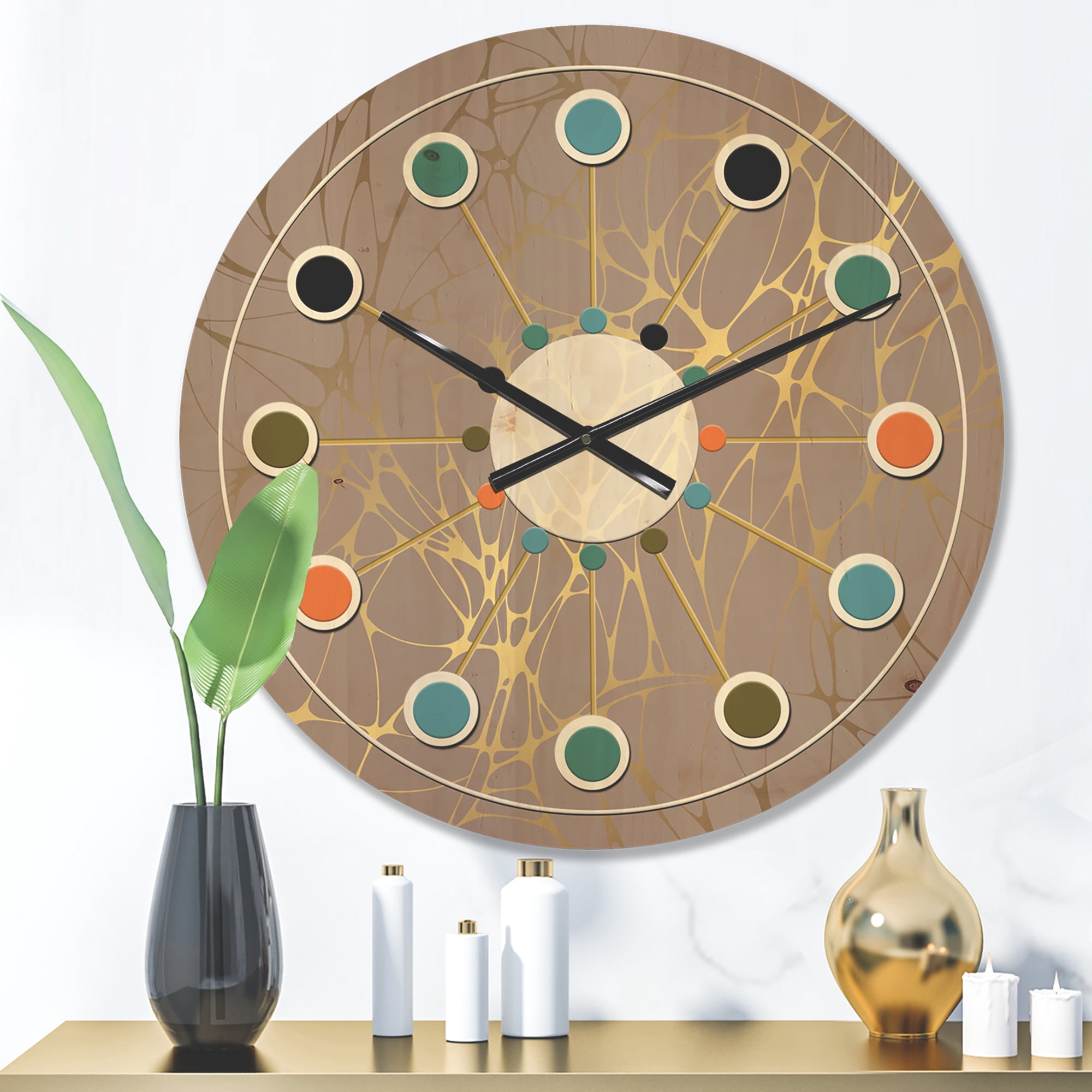 Designart 'Golden Colored Marble Design II' Mid-Century Modern Wood Wall Clock