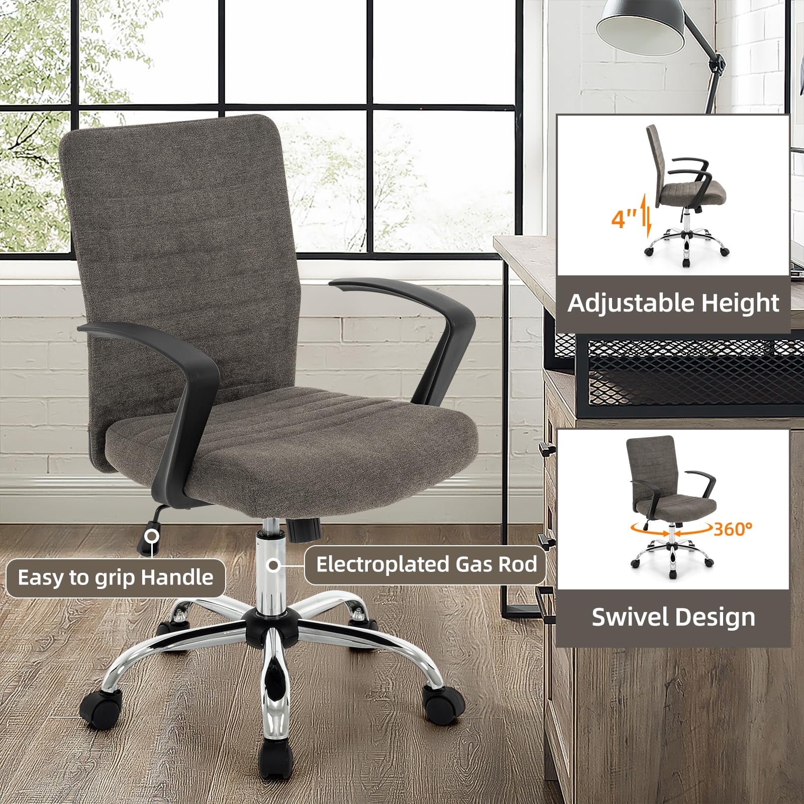 Linen Office Chair with Arms, Upholstered Mid-Back Desk Chair with Adjustable Height and Back Angle, 360° Swivel with Wheels for Home Office or Study (Dark Grey)