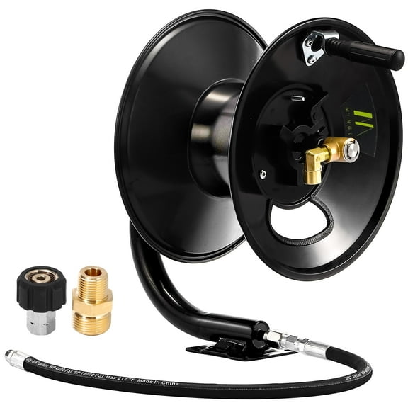M MINGLE Pressure Washer Hose Reel 100ft, Heavy Duty Steel Hose Reel, Manual Crank Power Washer Hose Reel with Swivel Arm, 3/8" NPT Outlet Pipe, 4000 PSI