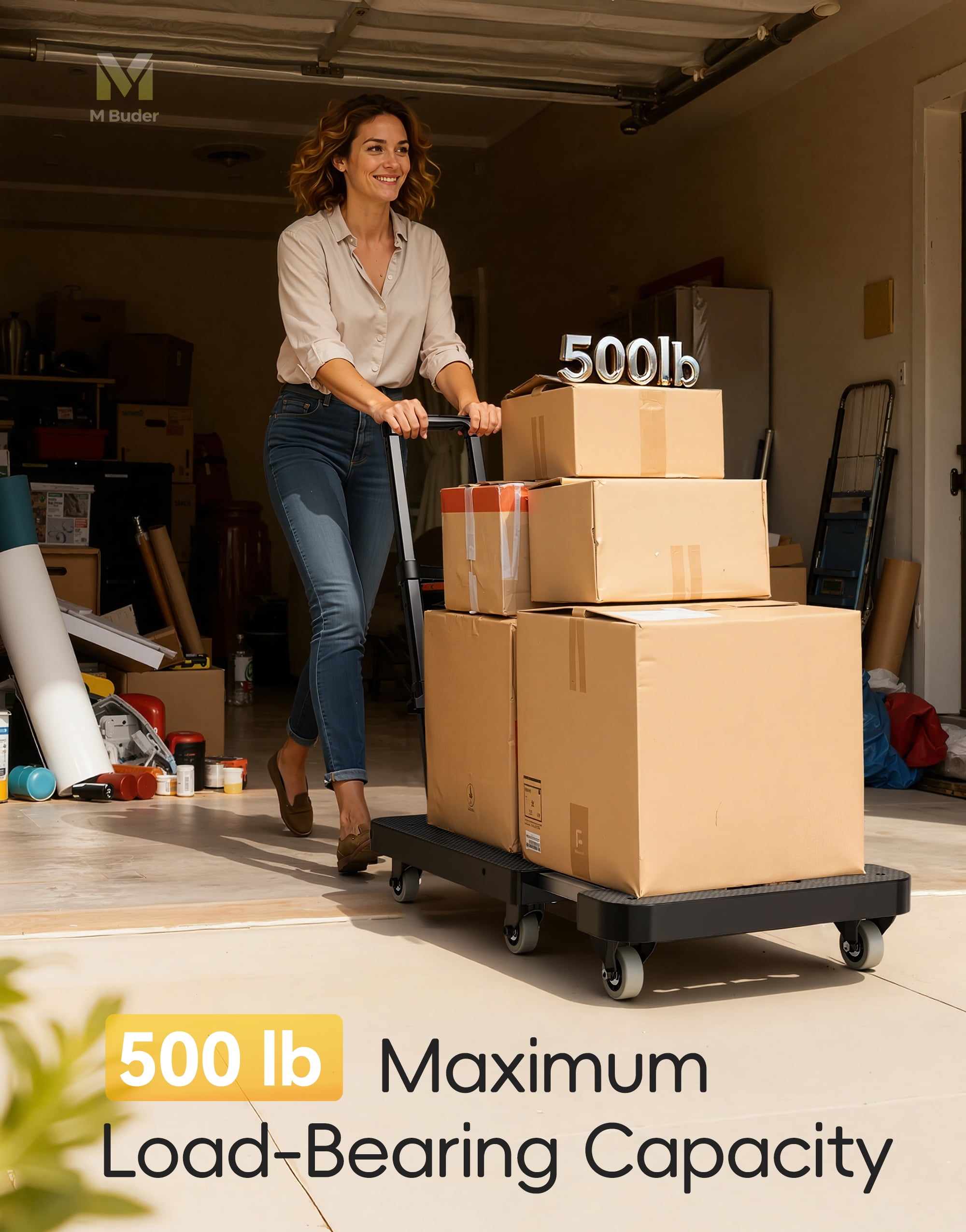 M BUDER Folding Hand Truck, 440 LBS Heavy Duty Dolly Cart, Utility Platform Cart with 7 Wheels for Travel, House, Office, Shopping, Moving Use Black Folded