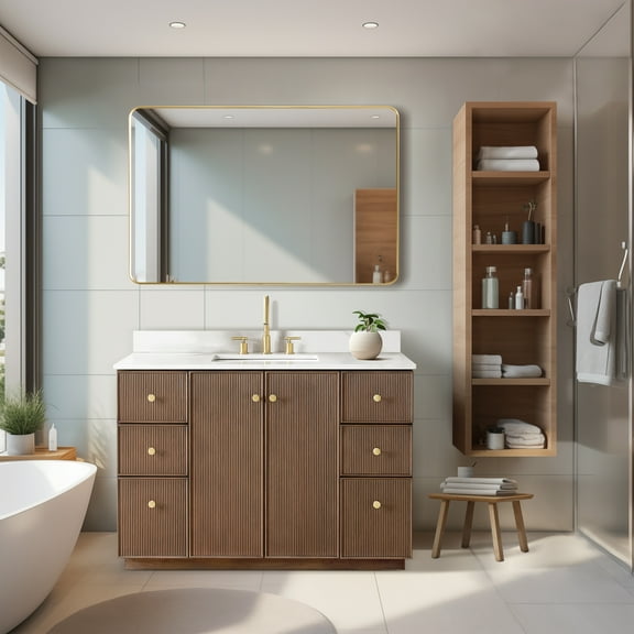 Oza 48" Bath Vanity in Aged Dark Brown Oak with Fish Maw White Quartz Stone Top