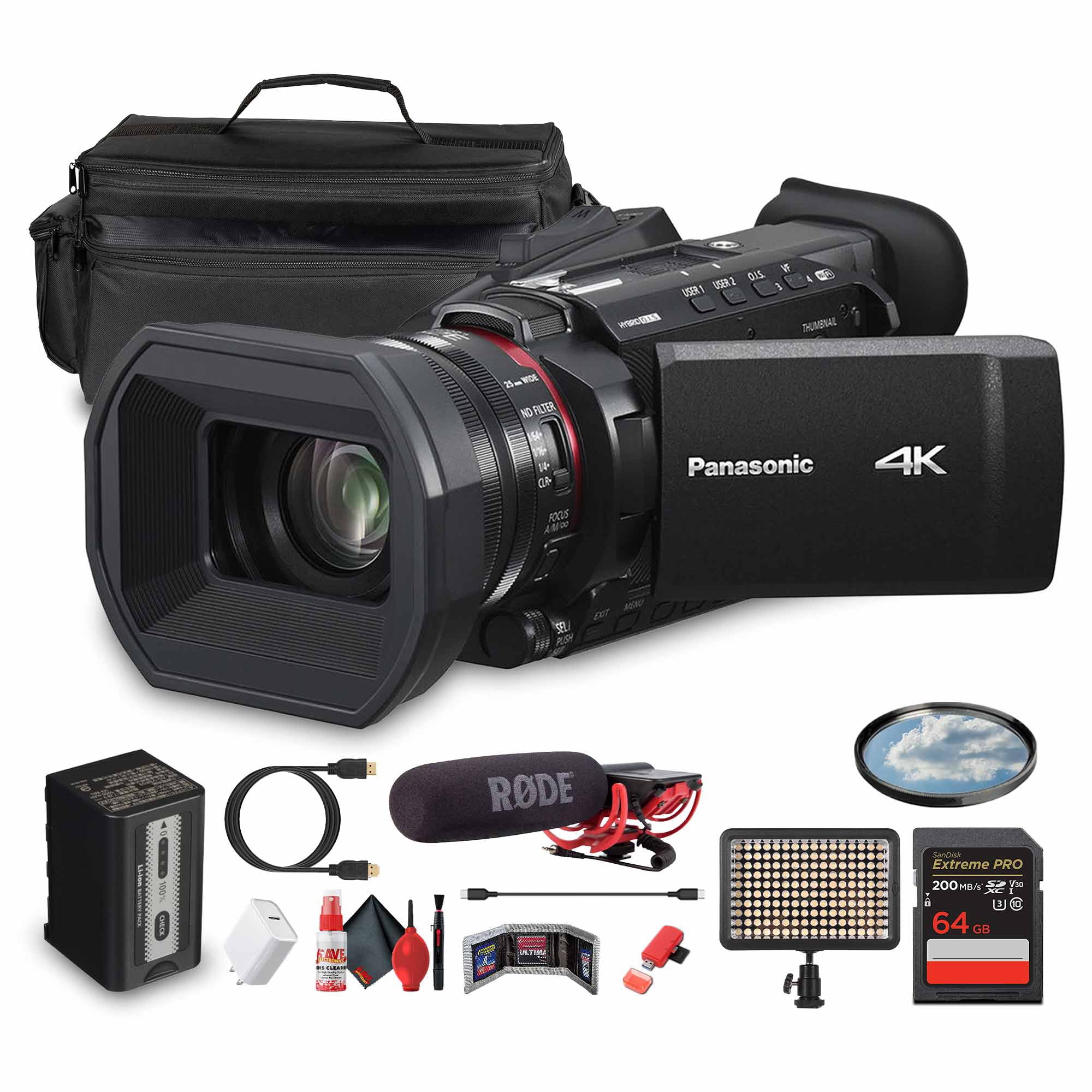 Panasonic HC-X1200 UHD 4K HDMI Lightweight Compact Camcorder with 24x Zoom (HC-X1200) + Mic + Case + LED Light + 64GB Memory Card + USB-C Cable + Cleaning Kit + USB-C Adapter + HDMI Cable + More