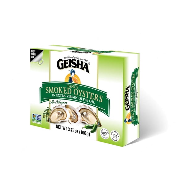 GEISHA Smoked Oysters in Extra Virgin Olive Oil with Jalapeno 3.75oz(Pack of 12),Smoked Oysters Zero Trans Fat - No Sugar Added – Farm Raised Gluten Free – Good Source of Protein(32% DV per serving)