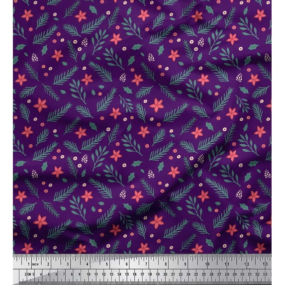 Soimoi Purple polyester Georgette Fabric Floral & Leaves Printed Fabric 1 Yard 52 Inch Wide