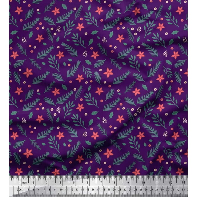 Soimoi Purple polyester Georgette Fabric Floral & Leaves Printed Fabric 1 Yard 52 Inch Wide