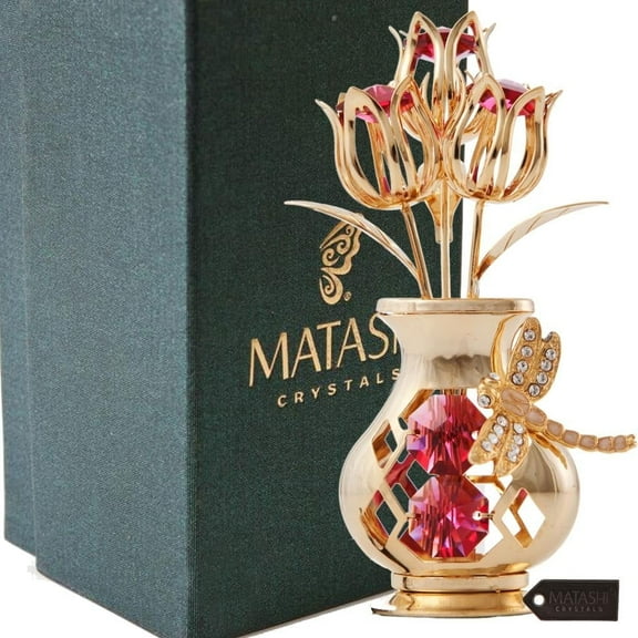 Matashi Valentine’s Day Gift for Women, 24K Gold Plated Flower Ornament in Vase with Red Crystals & Dragonfly, Decorative Home Decor