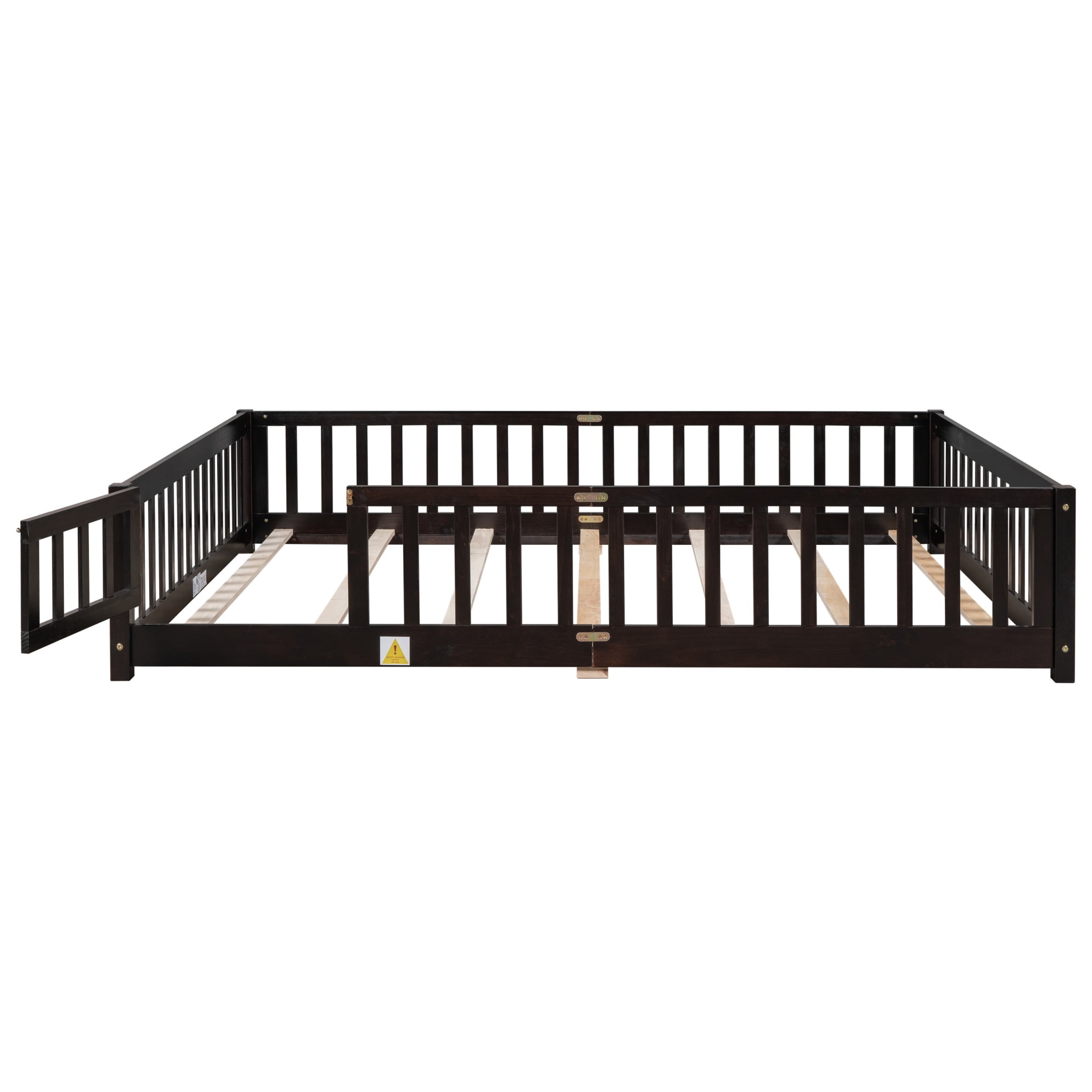 Queen Size Floor Bed with Fence for Kids, Wood Montessori Toddler Bed Frame with Door and Slats Support, Queen Size Platform for Girls and Boys, Espresso