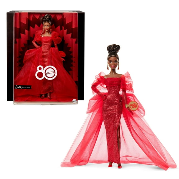 Barbie Signature Collectible Doll for Mattel 80th Anniversary, Glittery Red Tulle Gown, Brunette