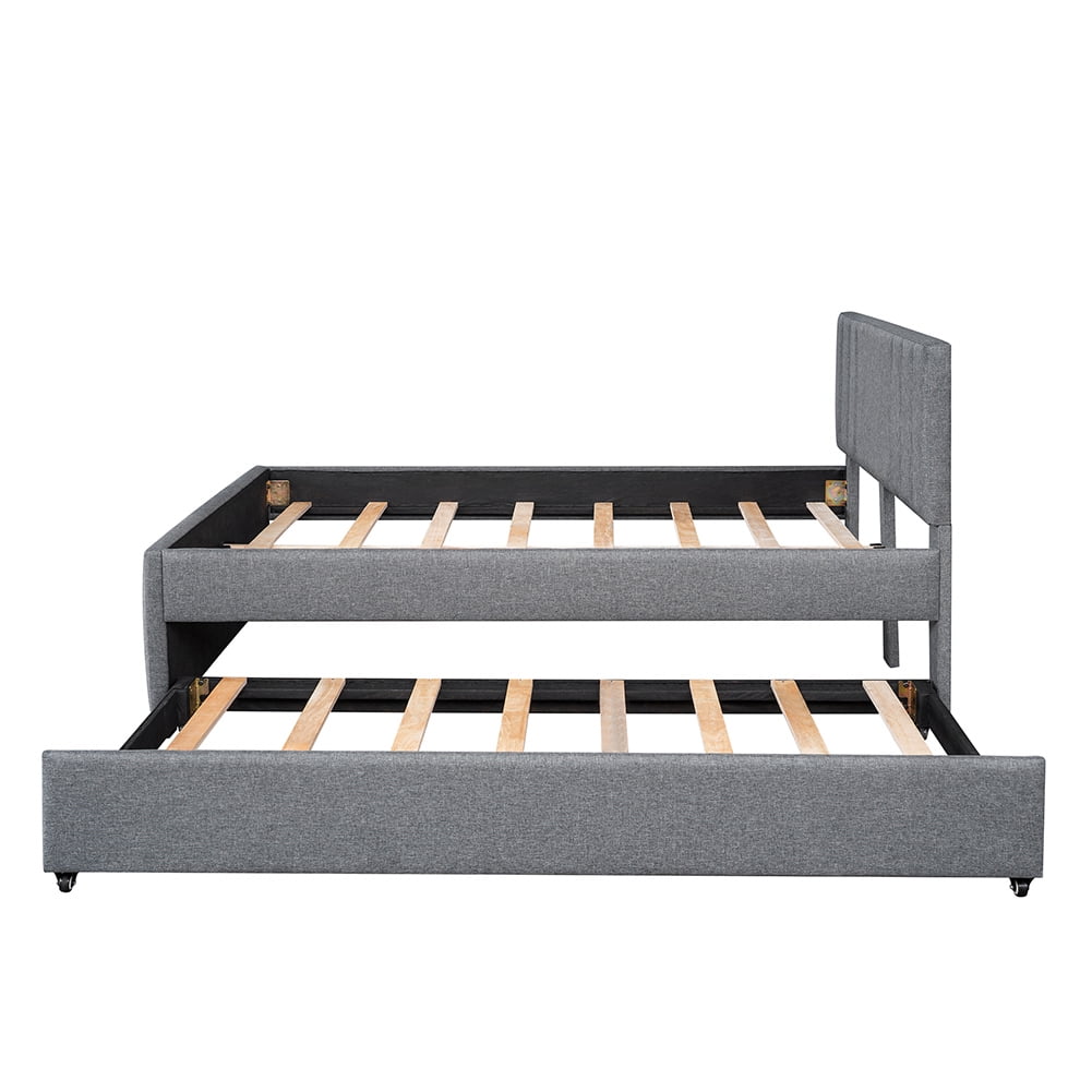 Kadyn Double Upholstered Platform Bed with Rollers, Modern Bedroom Twin, Grey Kadyn Double Upholstered Platform Bed with Rollers, Modern Bedroom Twin, Grey