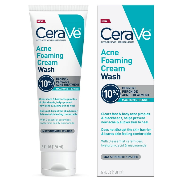 CeraVe Acne Foaming Cream Wash with 10 Benzoyl Peroxide for Face Body 5 oz