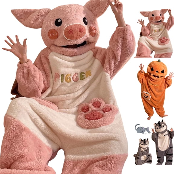 Cute Cartoon Pajamas for Women Men Pig Onesie Adult Coral Fleece Plush Sleepwear Warm Loungewear with 3D Ears Piggy Pink M