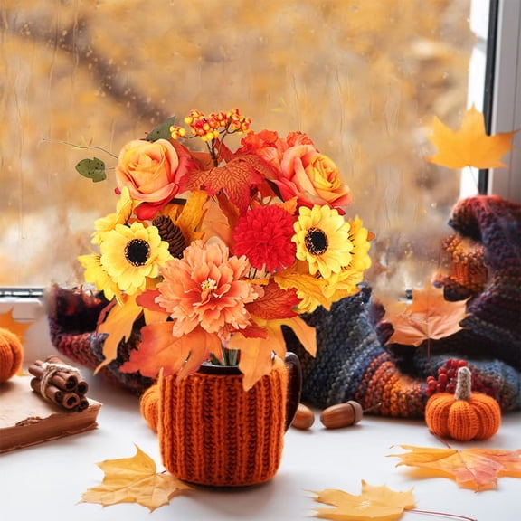 Fake Fall Leaves Stems, 16.9" Artificial Leaves Branches in Vase, Autumn Maple Leaf Decorations,Foliage for Kitchen Thanksgiving Table Centerpieces Wedding Shop Office Home Décor
