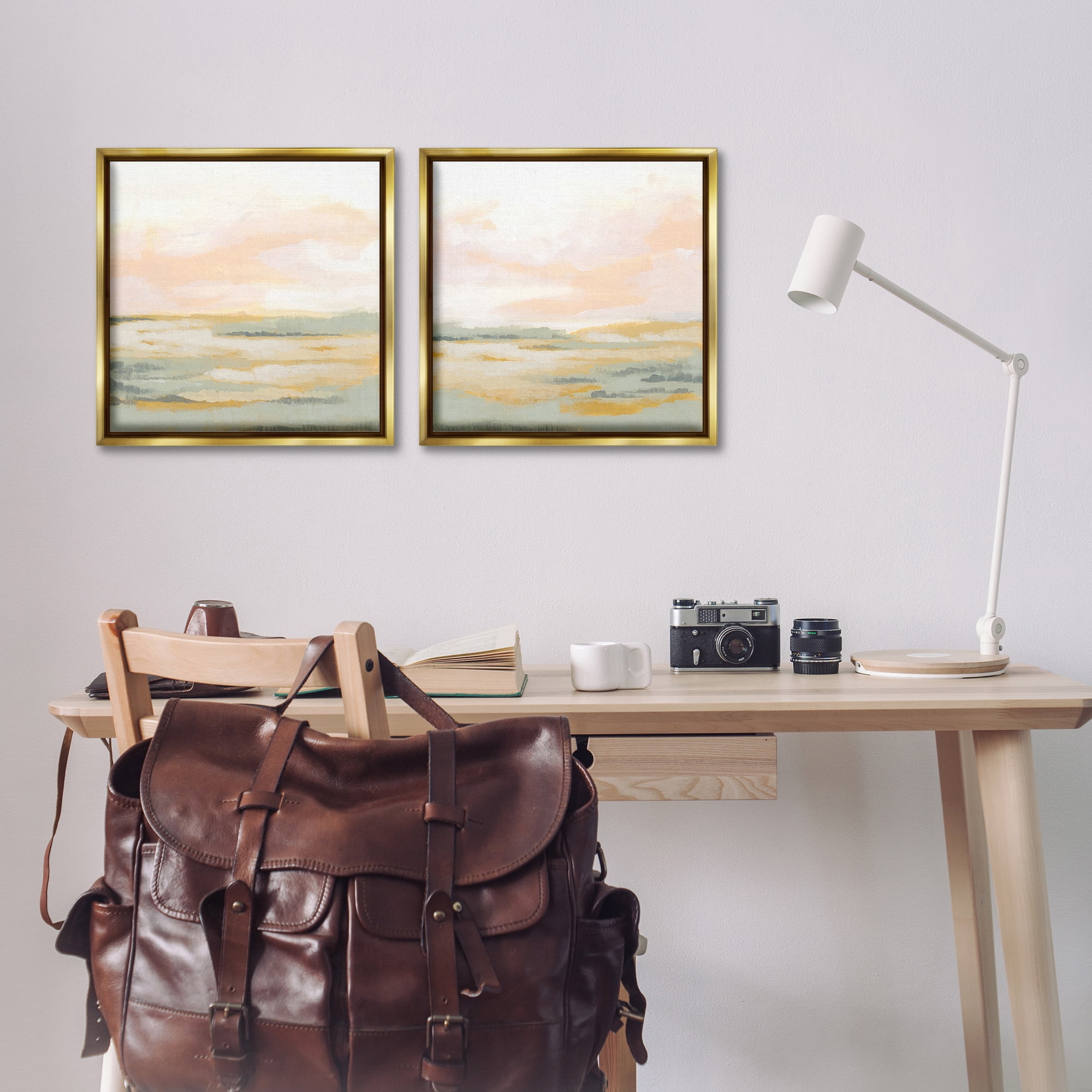 Stupell Industries Sunrise Sky Abstraction Landscape Painting Gold Floater Framed Canvas Art Print Wall Art, 18 x 18, Set of 2