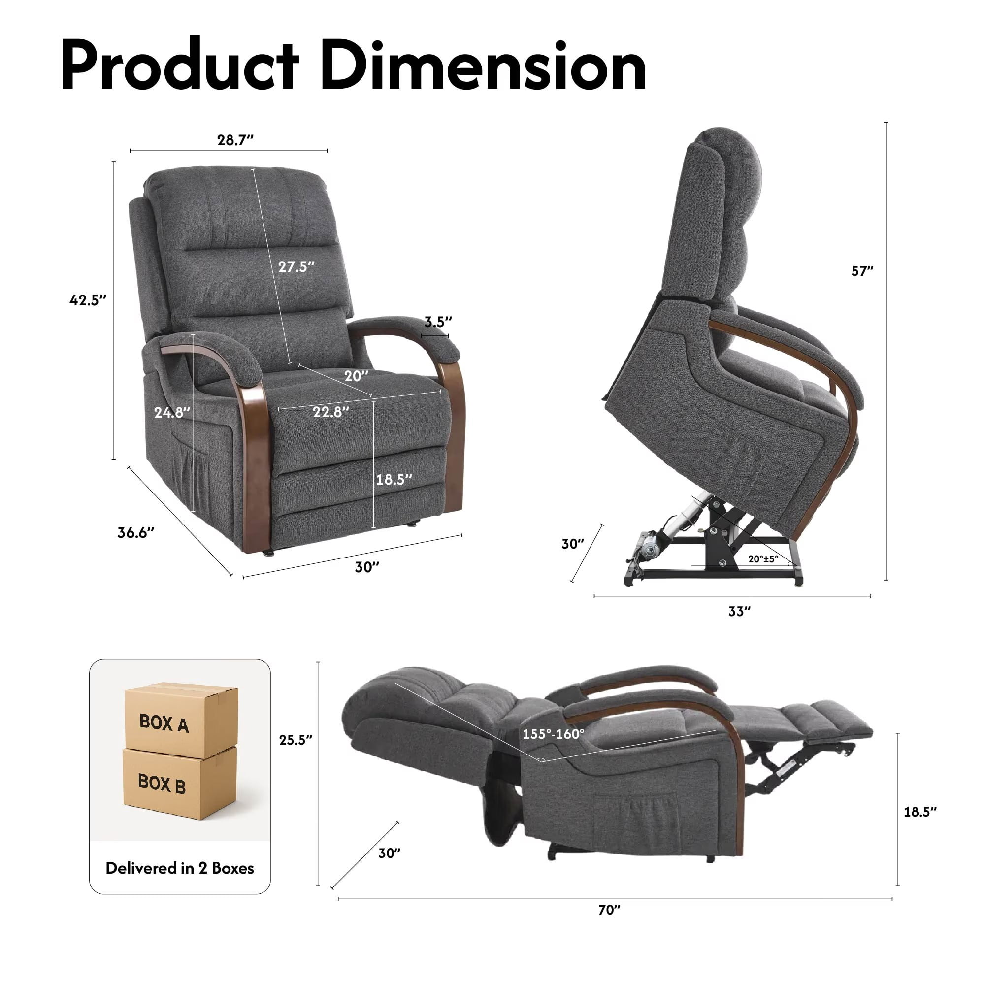 Avobird Power Lift Recliner Chair with Massage & Heat, Egyptian Suede Massage Chair, Side Pockets/Dual Motor Electric/Elderly-friendly, Charcoal Gray