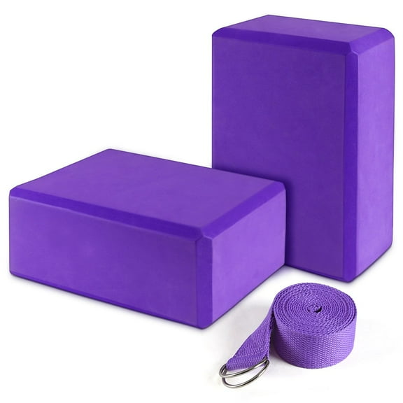 QUANFENG QF Yoga Blocks 2 Pack Plus Yoga Strap with Metal D-Ring for Yoga Pilates Fitness and Gym, 9 x 6 x 4 in (Purple)