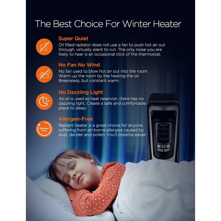 PELONIS Oil Filled Radiator Heater Luxurious Champagne Portable Space Heater  with Programmable Thermostat, 10H Timer, Remote Control, Tip  Overu0026Overheating Functions, Quiet Heater for Home Office - Walmart.com