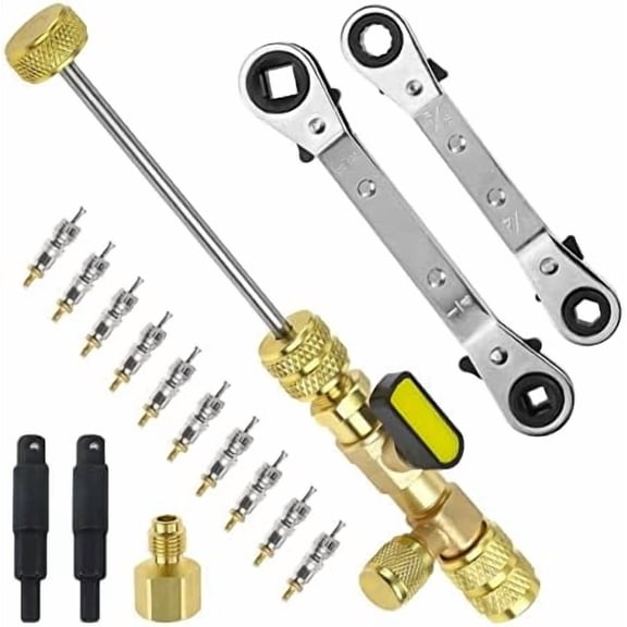 Valve Core Remover Installer Tool and HVAC Service Wrench Set With Hex Bit Adapters, Dual Size SAE 1/4 & 5/16 Port, 3/8" to 1/4", 5/16" Refrigeration Service Wrench, 10pcs Valve Core