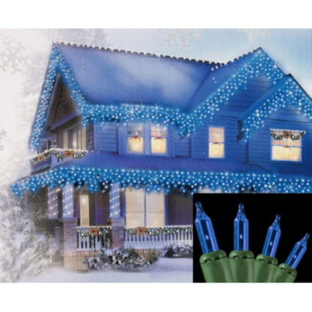 Set of 100 Blue Commercial Icicle Christmas Lights - Green Wire