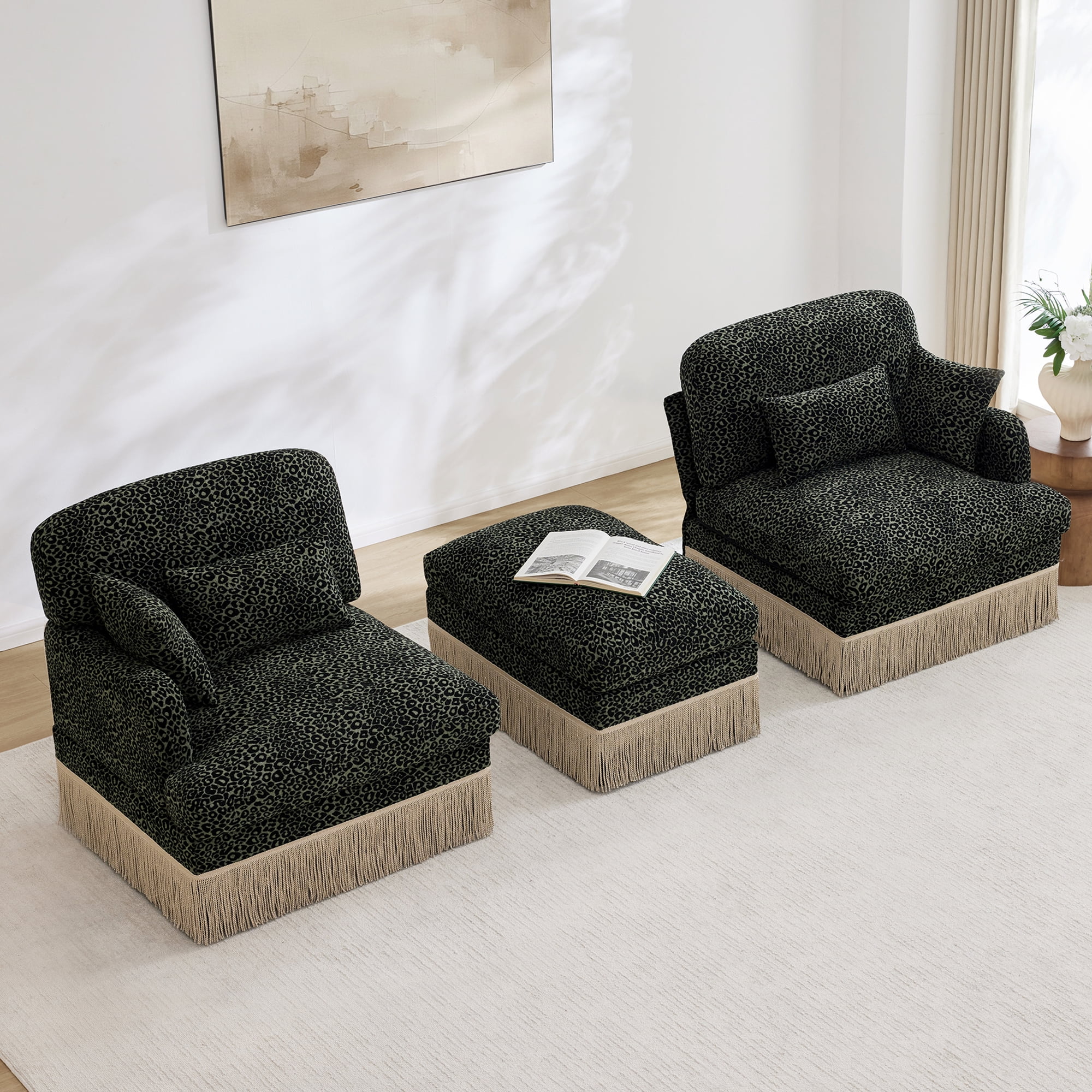 HUTWIFE Home Leopard Print Chenille Deep Seat and Tassel Trim Sectional Sofas with 1 Movable Ottoman, Green/Black