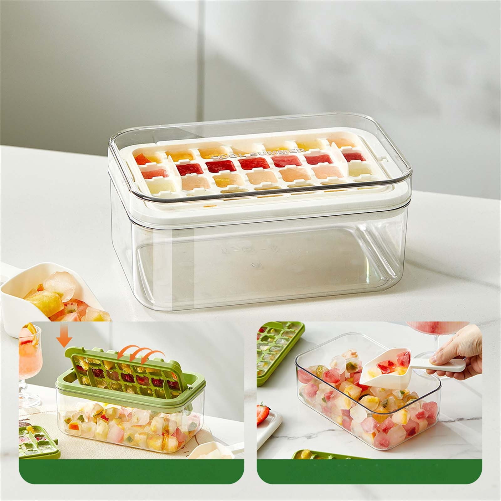 Ice Cube Tray with Lid & Bin, Food-Grade Pressing Ice Maker, for Whiskey, Cocktail, Coffee Drinks, Beer, Kitchen Gadgets Tools (Green)