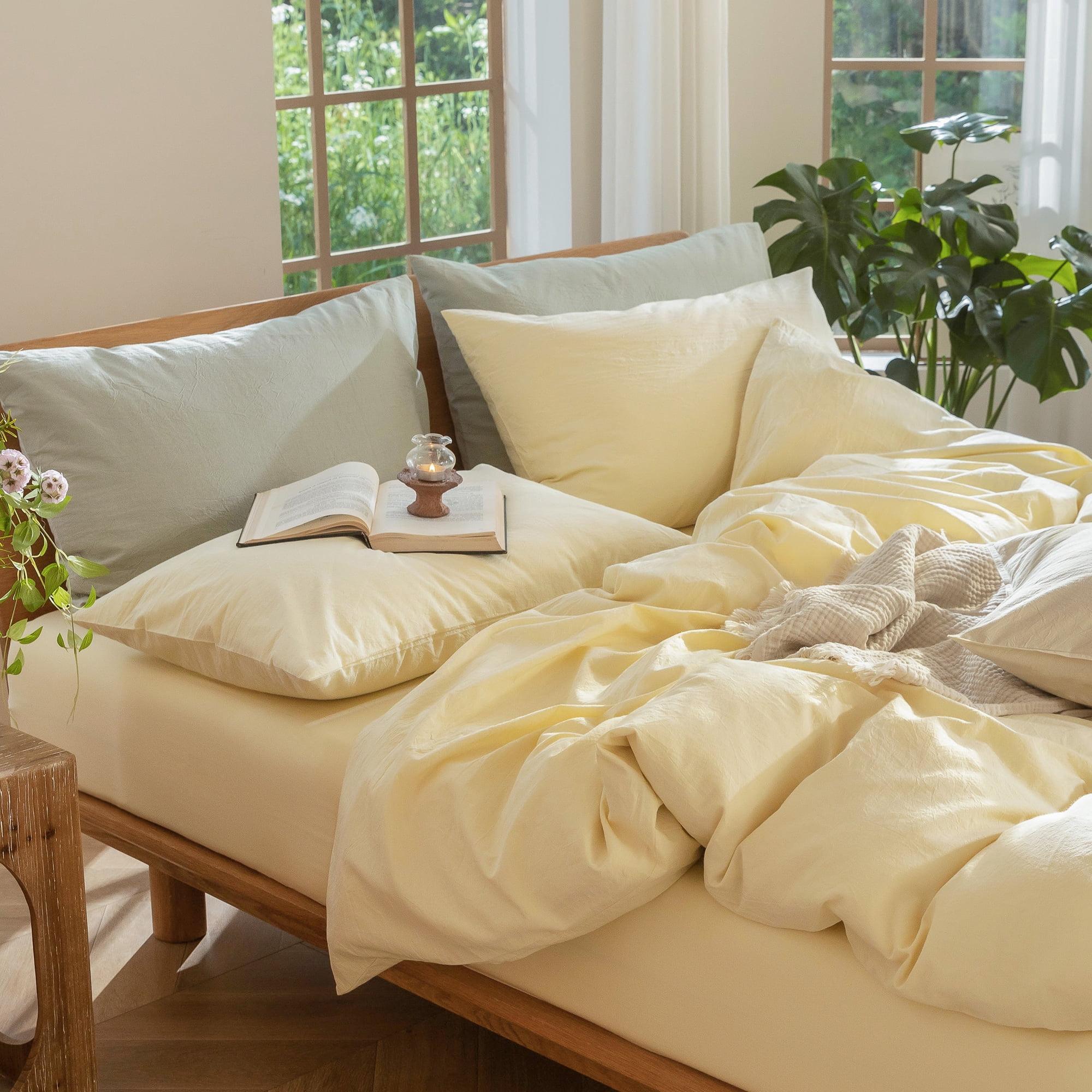 MooMee 100% Washed Cotton Duvet Cover Set Twin Linen Like Textured Breathable Lightweight 2-Piece (Butter Yellow, 68"x90")