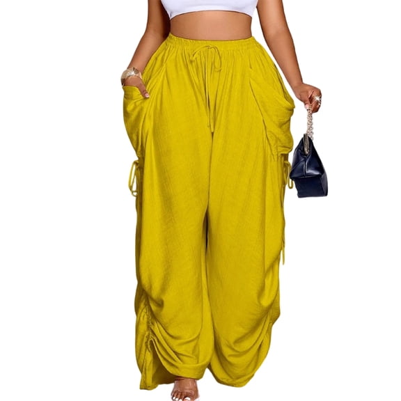 Women's Summer High Waist Wide Leg Pants Solid Color Pleated Drawstring Waist Casual Loose Trousers with Pockets, L