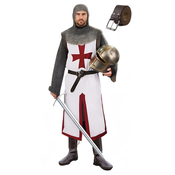 VZQI Men’s Medieval Crusader Costume Set, Knights Templar Tunic with Belt, Renaissance Knight Halloween Cosplay Outfit