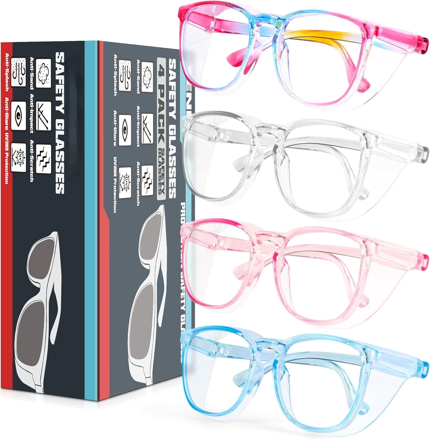 AM 4 Pack Safety Glasses Goggles For Women Anti Fog, Cute Protective Eyewear for Nurses, ANSI Z87+ Anti-Blue Light