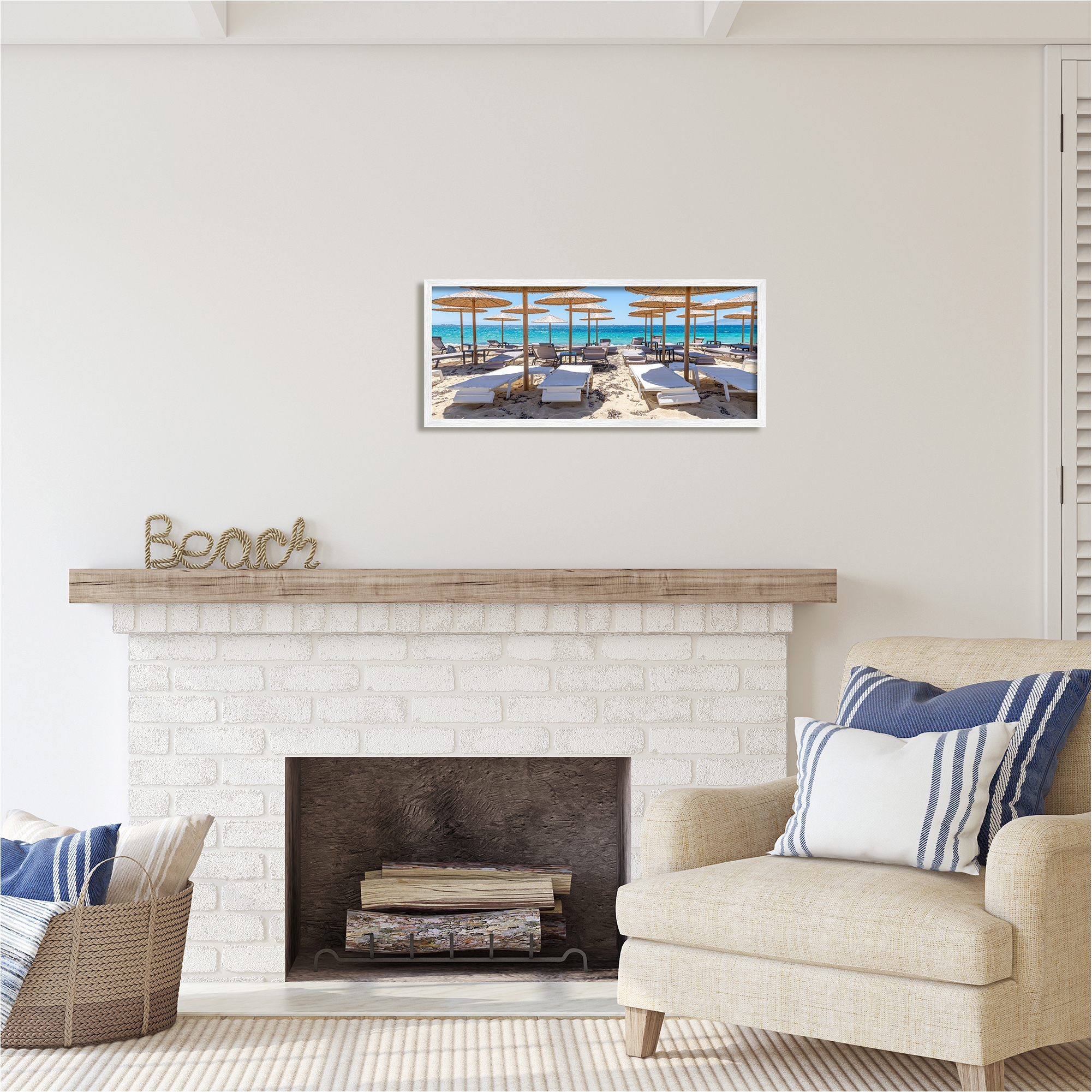 Stupell Industries Bamboo Beach Umbrellas Landscape Photography White Framed Art Print Wall Art, 30 x 13
