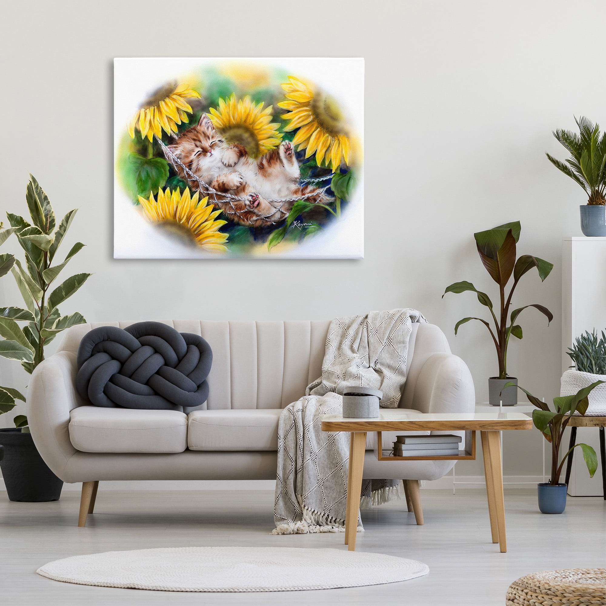 Stupell Industries Kitten Asleep with Sunflowers Animals & Insects Painting Gallery Wrapped Canvas Art Print Wall Art, 48 x 36