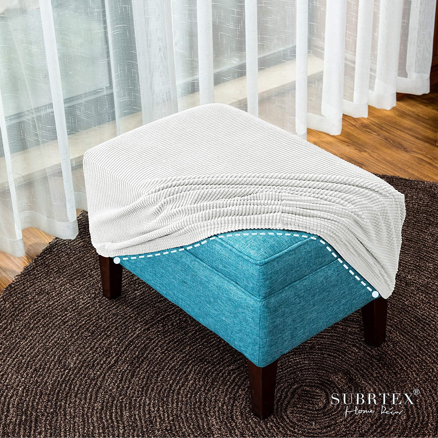 Subrtex Stretch Textured Grid Oversized Ottoman Slipcover, White