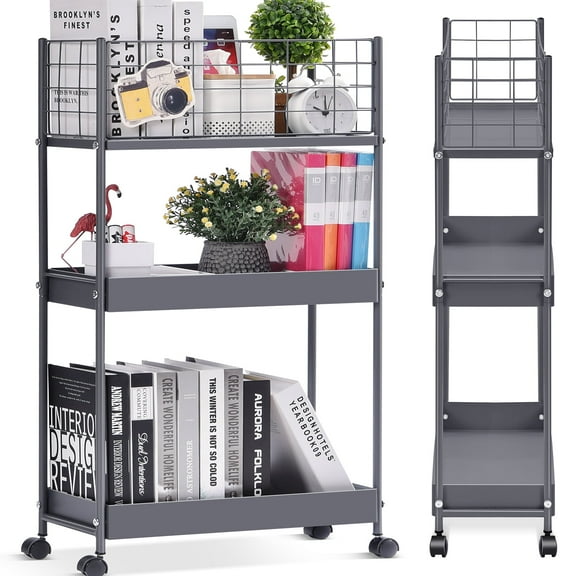 KK KINGRACK 3-Tier Metal Utility Rolling Cart with Wheels, Garage Storage, Slim Storage Cart for Office Kitchen Bathroom Narrow Place, File Grey