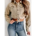 thumbnail image 4 of Chaquetas vaqueras para mujer, prendas de vestir exteriores con borlas de manga larga de otoño, abrigo con cuello vuelto, abrigos vaqueros cortos de un solo pecho, 4 of 5