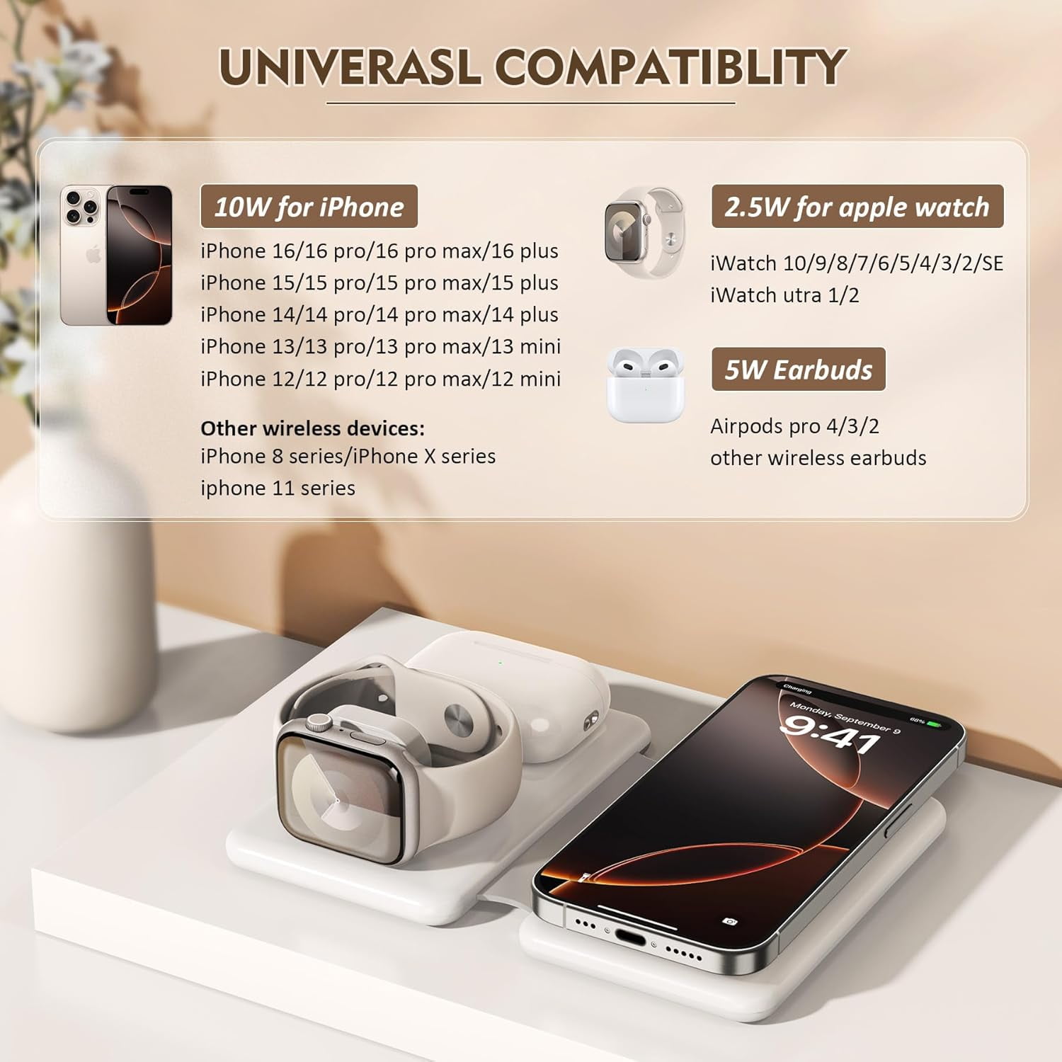 ETEPEHI Travel Magnetic Wireless Charger: 3 in 1 Foldable Charging Pad Compatible for iPhone 17 Air 16 15 14 Pro Max Plus, iWatch Series & Airpods