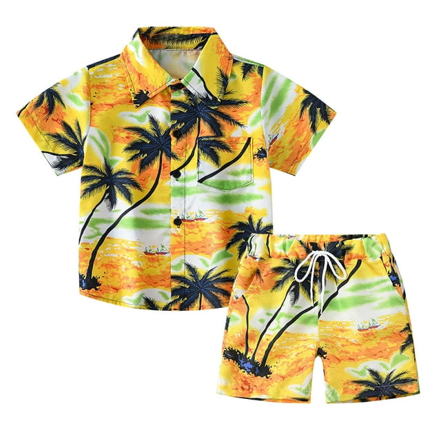 Penkiiy Ensemble Chemise à Manches Courtes à Col Rabattu pour Garçon, Mode pour Bébé Garçon, Chemise à Manches Courtes, Imprimé Tropical Bord de Mer Rétro, Ensemble Chemise et Short Jaune 11-12 Ans