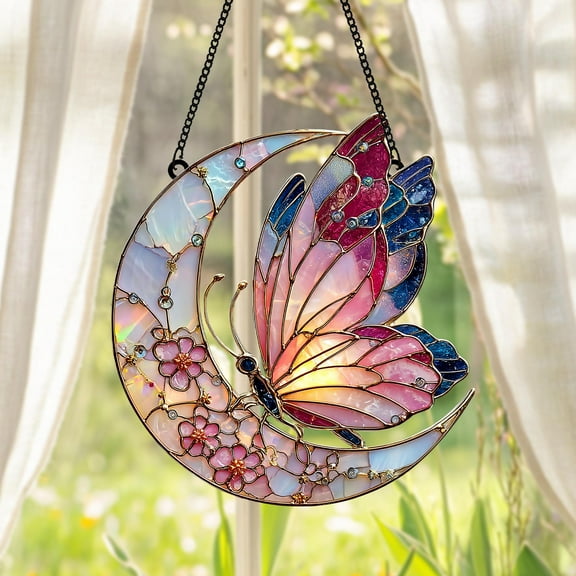 Celestial Butterfly Wavy Acrylic Suncatcher, Faux Wavy Acrylic Pink Floral Moon Window Hanging for Fairycore, Cottagecore Decor, Nature Lovers